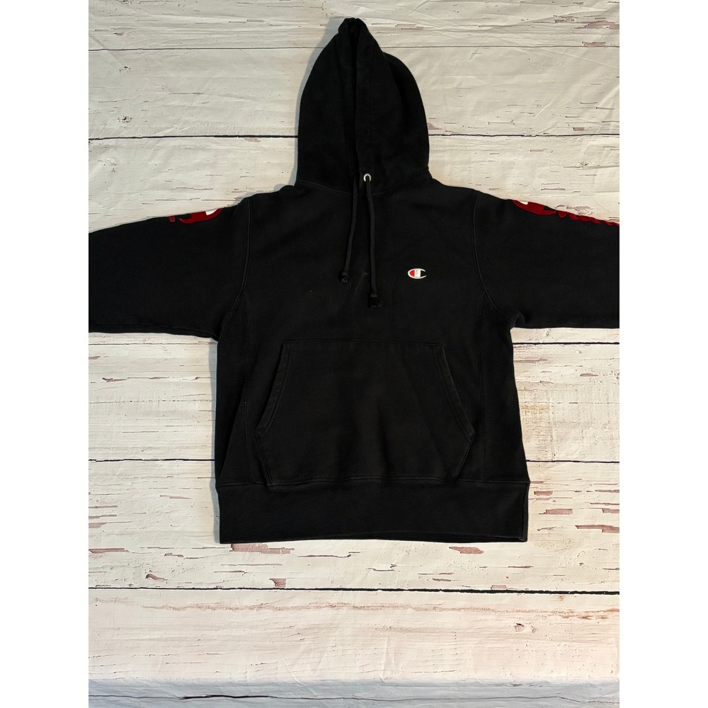 Champion Reverse Weave Hoodie Black Script Logo Sleeve Mens Small